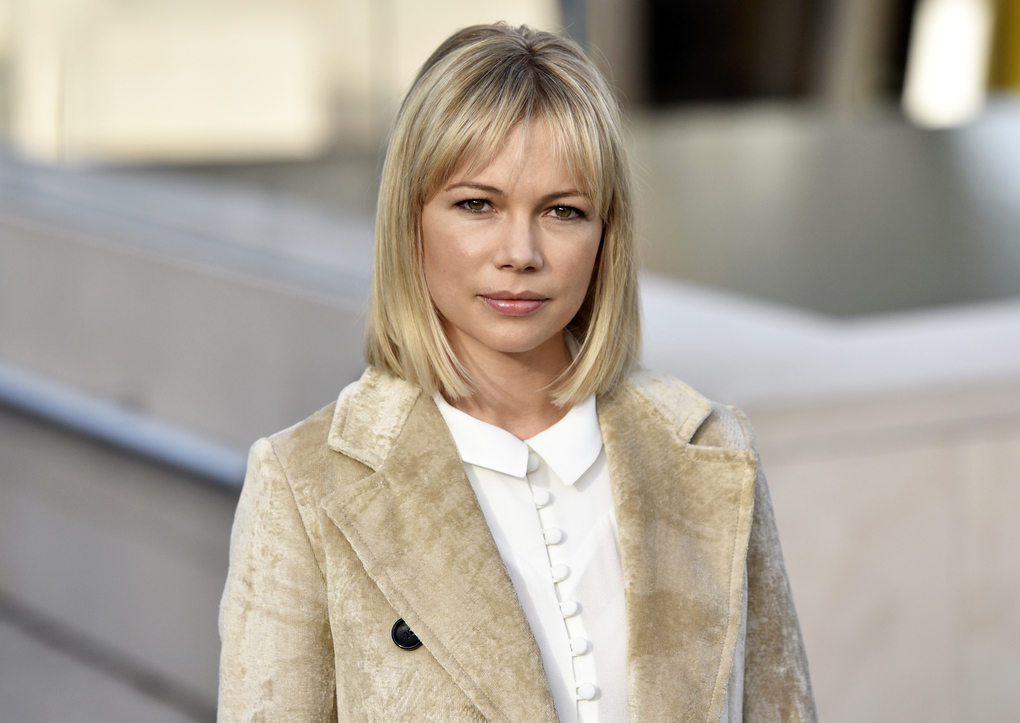 FILE - In this Oct. 7, 2015, file photo, actress Michelle Williams arrives at Louis Vuitton's Spring-Summer 2016 ready-to-wear fashion collection during Paris Fashion Week in Paris, France. Williams is starring opposite Jeff Daniels in Blackbird, disturbing tale of an older man, a much younger woman and what happens when they meet 15 years after their brief and illegal relationship has ended. It marks the first big job Williams has tackled since she spent the better part of a year singing and dancing in the latest revival of Cabaret." (AP Photo/Zacharie Scheurer, File)