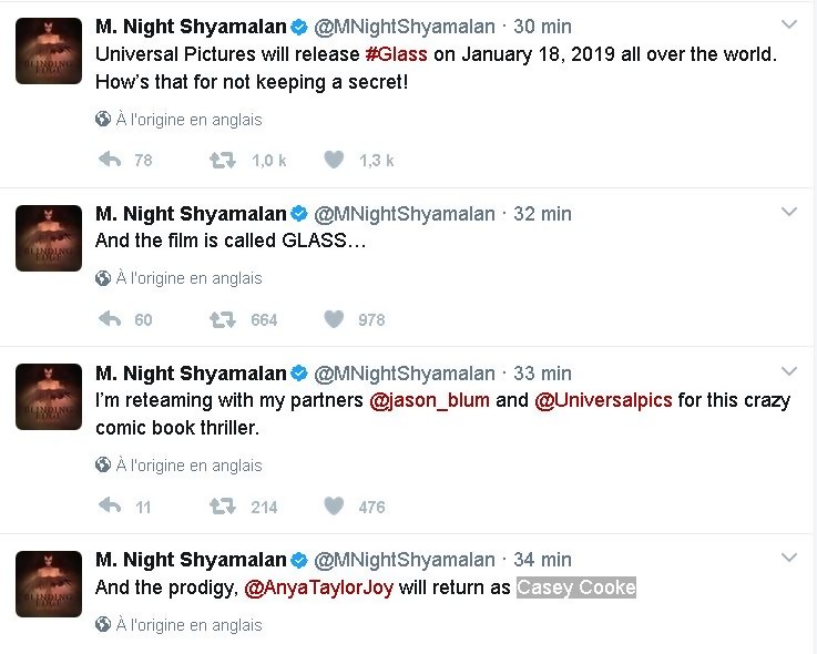 Les tweets de M. Night Shyamalan au sujet de son film M. Glass