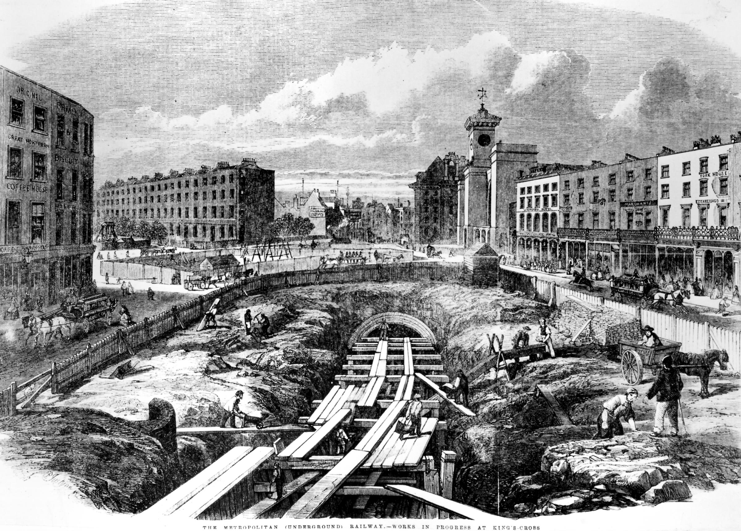 1998 84198 Engraving of the building of the Metropolitan Railway at Kings Cross from Illustrated London News C TfL
